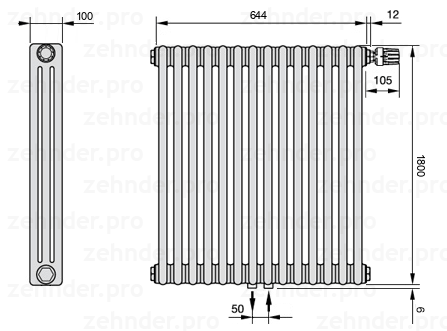 Схема (чертеж) Радиатор Zehnder Charleston 3180/14 №V008 Technoline TL